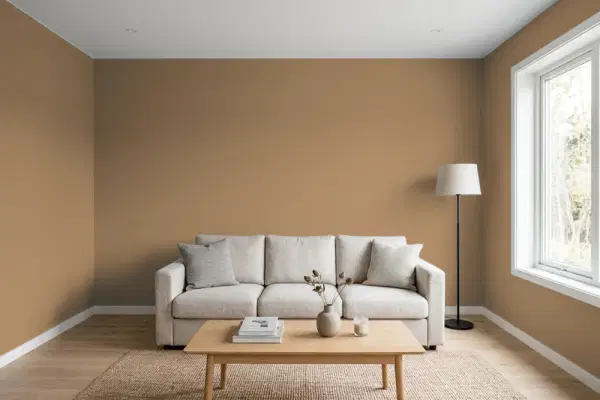 Living room with walls painted PPG Paints Cocoa Cupcake 1086-7 (simulated)