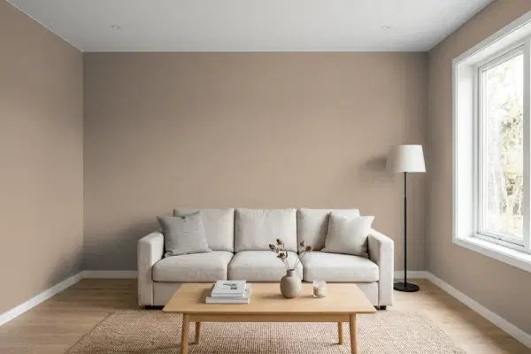 Living room with walls painted Sherwin-Williams Cocoa Whip SW 9084 (simulated)