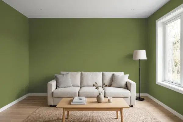 Living room with walls painted Behr Coconut Grove MQ6-62 (simulated)