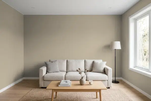 Living room with walls painted Benjamin Moore Cole Stone CW-60 (simulated)