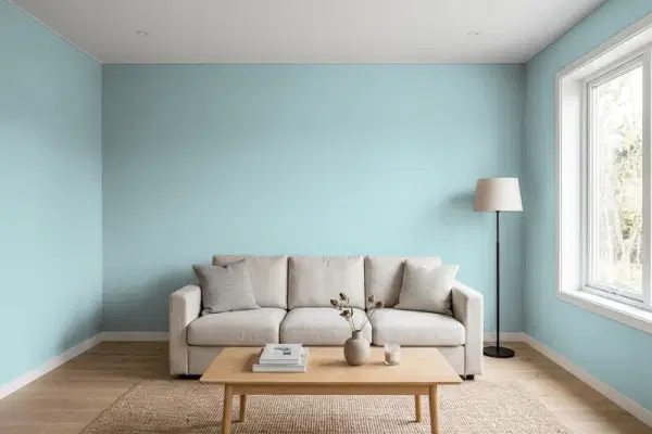 Living room with walls painted PPG Paints Colonial Aqua 1148-4 (simulated)