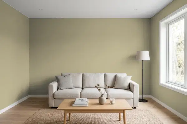 Living room with walls painted Sherwin-Williams Colonial Revival Green Stone SW 2826 (simulated)
