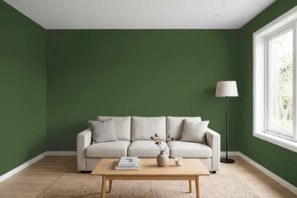 Living room with walls painted Benjamin Moore Colonial Verdigris CW-530 (simulated)