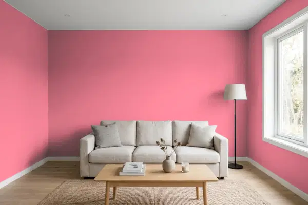 Living room with walls painted Sherwin-Williams Coming up Roses SW 6585 (simulated)