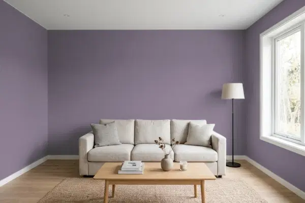 Living room with walls painted Behr Composer's Magic MQ5-37 (simulated)