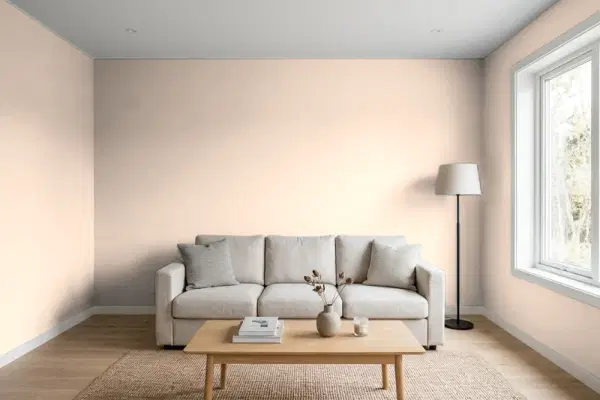 Living room with walls painted Behr Conch Shell S200-1 (simulated)