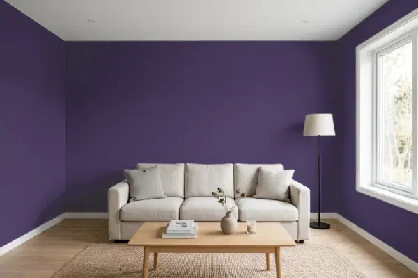 Living room with walls painted Sherwin-Williams Concord Grape SW 6559 (simulated)