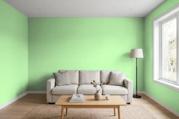Living room with walls painted Behr Cool Aloe 440B-4 (simulated)
