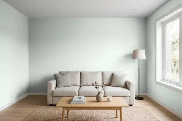 Living room with walls painted Benjamin Moore Cool Breeze CSP-665 (simulated)