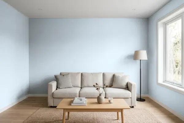 Living room with walls painted PPG Paints Cool Gray 10-12 (simulated)