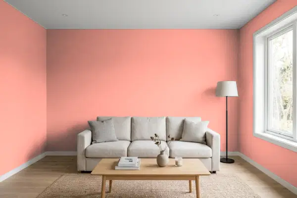 Living room with walls painted Behr Cool Melon 170B-4 (simulated)