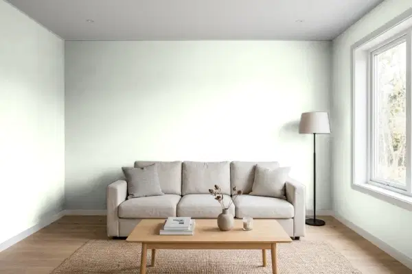 Living room with walls painted Behr Cool White 440C-1 (simulated)