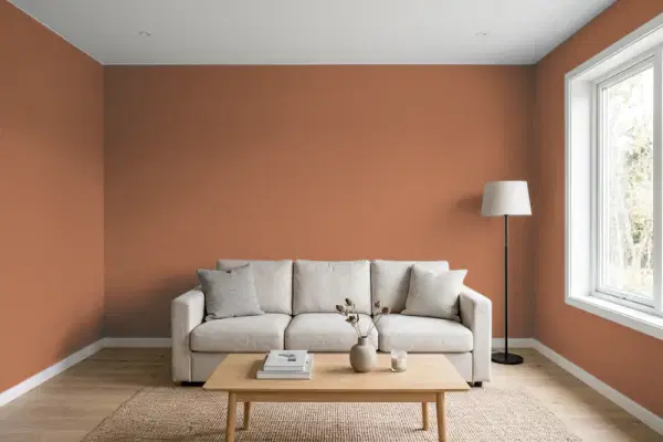 Living room with walls painted Benjamin Moore Copper Kettle 1218 (simulated)