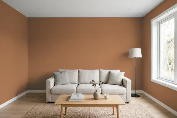 Living room with walls painted PPG Paints Copper Pot 1081-7 (simulated)