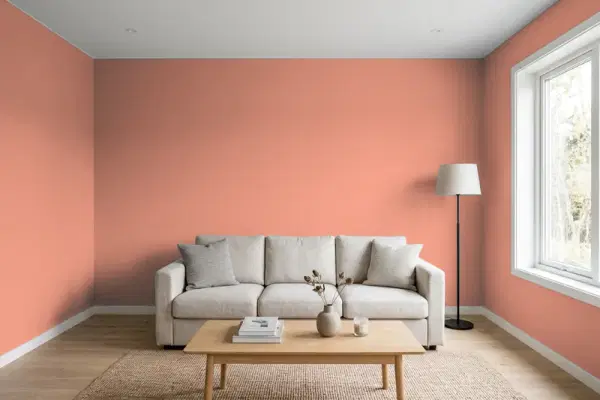 Living room with walls painted Behr Copperleaf 210D-5 (simulated)