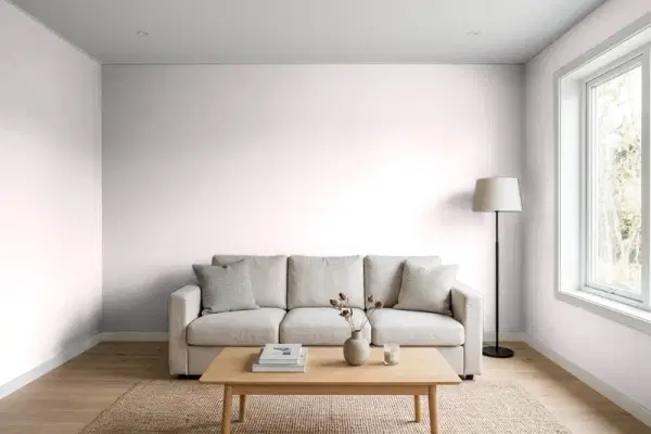 Living room with walls painted Behr Coquette 100E-1 (simulated)