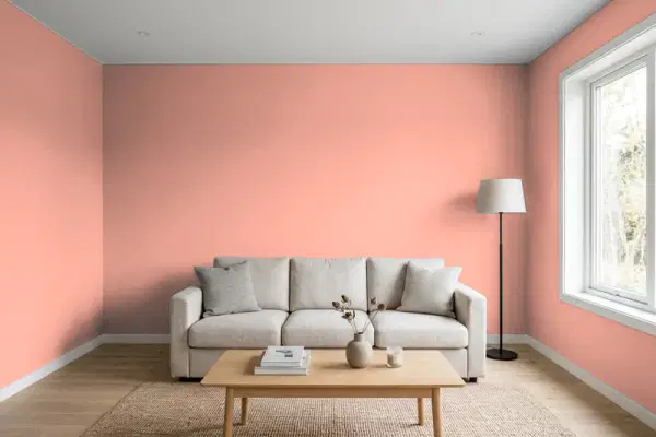 Living room with walls painted PPG Paints Coral Blush 1191-4 (simulated)