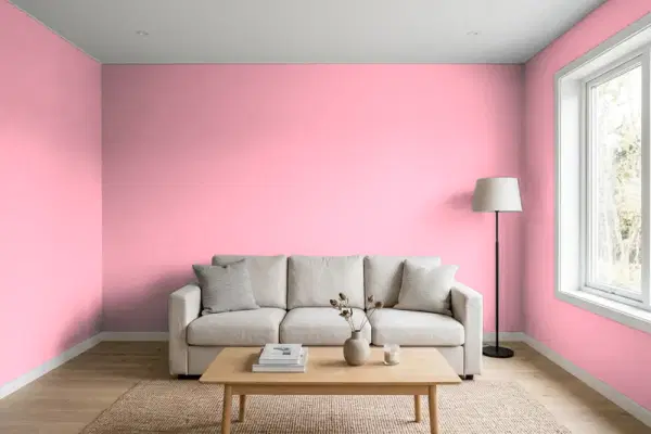 Living room with walls painted Benjamin Moore Coral Pink 2003-50 (simulated)