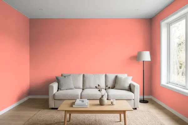 Living room with walls painted Benjamin Moore Coral Reef 012 (simulated)
