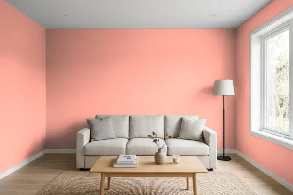 Living room with walls painted Valspar Coral Reef 2004-4A (simulated)