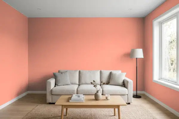 Living room with walls painted Benjamin Moore Coral Rock 032 (simulated)