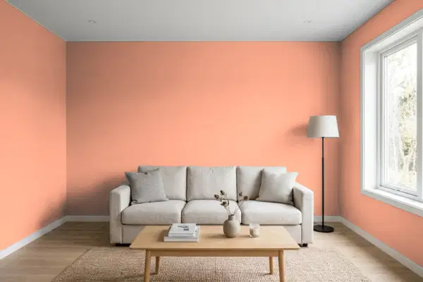 Living room with walls painted Benjamin Moore Coral Spice 2170-40 (simulated)