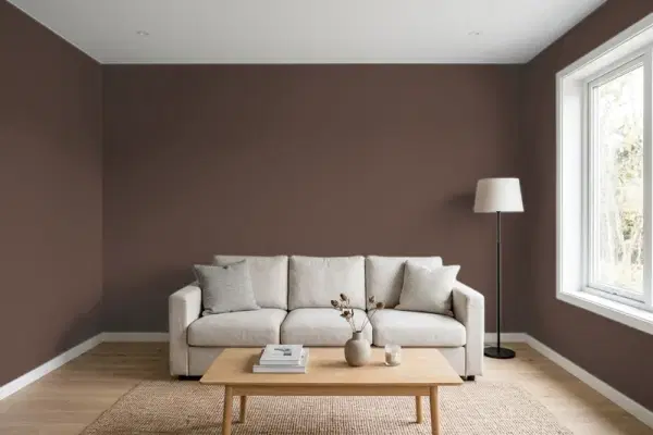 Living room with walls painted Behr Cordovan Leather BXC-78 (simulated)