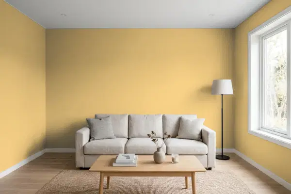 Living room with walls painted Benjamin Moore Cork 2153-40 (simulated)