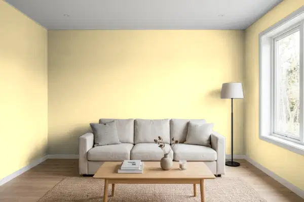 Living room with walls painted PPG Paints Corn Silk 12-01 (simulated)