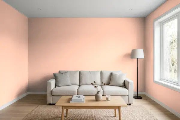 Living room with walls painted Sherwin-Williams Cosmetic Peach SW 6618 (simulated)