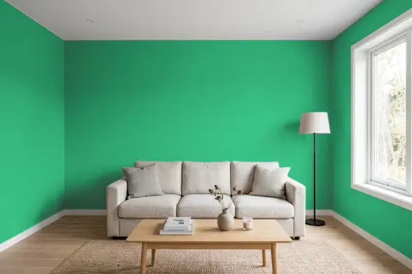 Living room with walls painted Valspar Cosmic Green 6003-10C (simulated)
