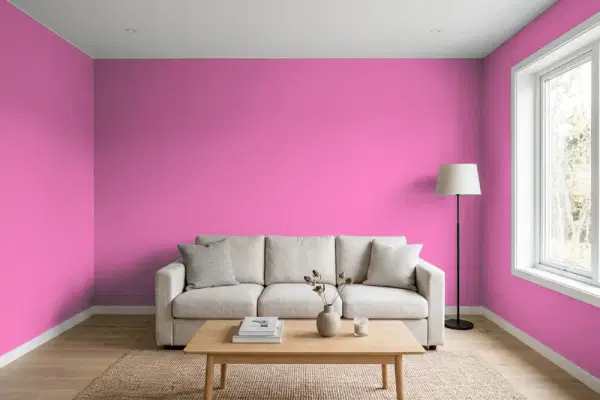 Living room with walls painted Valspar Cosmic Pink 1001-1A (simulated)