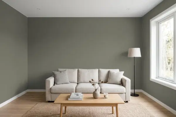 Living room with walls painted Valspar Cosmopolitan Olive 5008-2C (simulated)