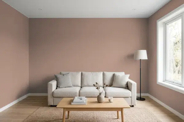 Living room with walls painted Benjamin Moore Cougar Brown 2106-40 (simulated)
