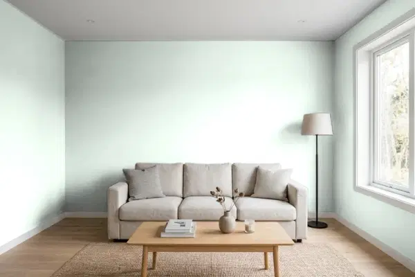 Living room with walls painted Behr Country Mist 480E-1 (simulated)