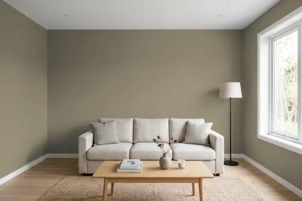 Living room with walls painted Sherwin-Williams Country Tweed SW 9519 (simulated)