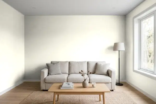 Living room with walls painted Valspar Country Whitewash 6008-1A (simulated)