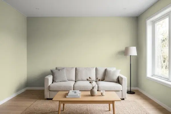 Living room with walls painted Behr Court Green QE-34 (simulated)