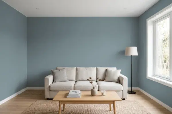 Living room with walls painted Behr Courtyard Blue BXC-48 (simulated)