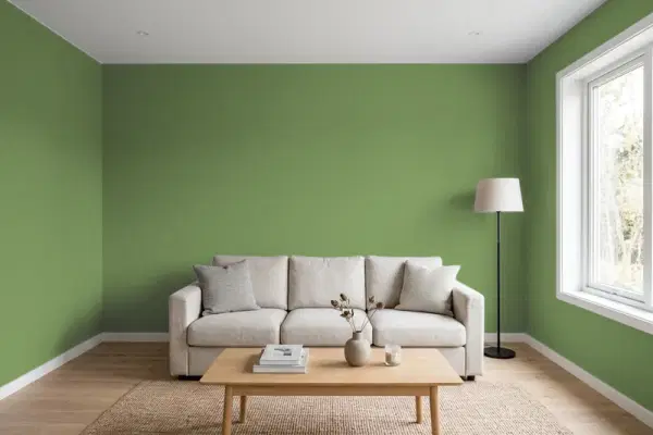 Living room with walls painted Benjamin Moore Courtyard Green 546 (simulated)