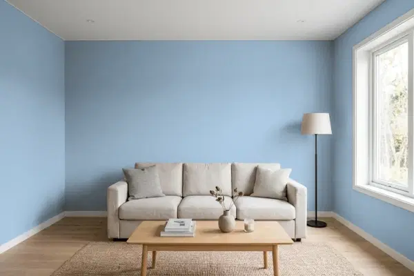 Living room with walls painted Valspar Coventry Blue 4005-5C (simulated)
