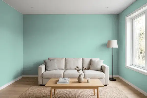 Living room with walls painted Benjamin Moore Covington Blue HC-138 (simulated)