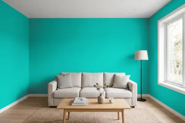 Living room with walls painted Behr Cozumel 490B-5 (simulated)
