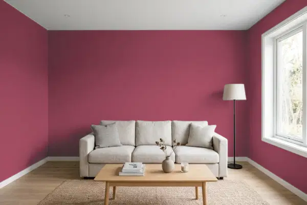 Living room with walls painted Behr Cranberry Splash 120D-6 (simulated)