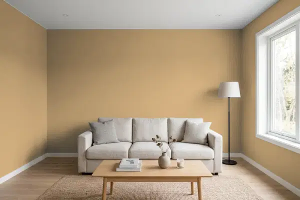 Living room with walls painted PPG Paints Creamy Caramel 1096-5 (simulated)