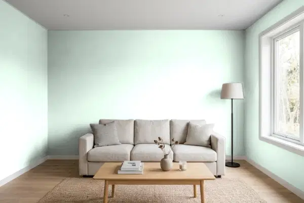 Living room with walls painted Benjamin Moore Crème de Mint 2036-70 (simulated)