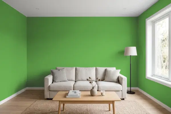 Living room with walls painted Behr Cress Green 430B-7 (simulated)