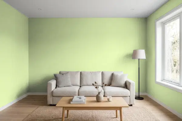 Living room with walls painted Behr Cricket Field P370-4 (simulated)