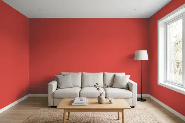 Living room with walls painted Behr Crimson Silk PMD-85 (simulated)