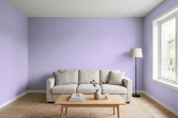 Living room with walls painted Benjamin Moore Crocus 1404 (simulated)
